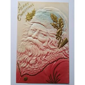 1907 Embossed Santa Claus Postcard A Merry Christmas S. Garre Holly Cherub